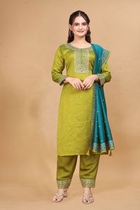 Nouveau Salwar Kameez de créateur, prêt-à-porter, avec broderie fantaisie et sequins, en soie Vichitra, pour soirée, séchage rapide - Product Image 3