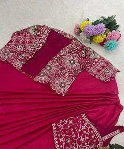 Sari listo para usar para mujer con chaqueta bordada, seda color granate, ropa étnica tradicional india para bodas y fiestas 82846 BB-59 - Product Image 4