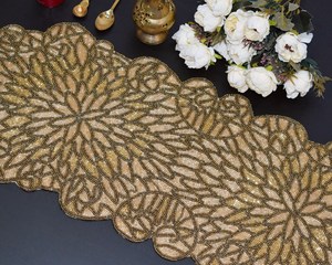 Glam Fabric <b>Table</b> <b>Runner</b> Irregular Shape <b>Gold</b> Beaded Edge Non-Slip Design Decorative Mat - Product Image 5