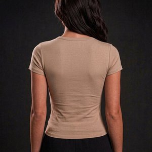 Women's Beige <b>Crop</b> Top Short Sleeve Crew Neck Slim <b>Fit</b> Casual Knitted <b>T</b>-<b>Shirt</b> All Seasons Spandex Cotton Blend - Product Image 2