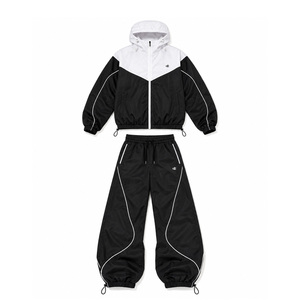 Wholesale Men's <b>Black</b> White Colorblock <b>Windbreaker</b> Sporty Set Hooded Piping Jacket Baggy Pants Set Urban Streetwear Activewear - Product Image 4