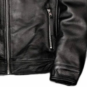 <b>Men's</b> Genuine <b>Leather</b> Motorcycle <b>Jacket</b> Stand Collar Zipper Closure Regular Fit Solid Black Moto Biker Style Autumn Wear - Product Image 4