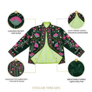 Veste bomber en velours brodée à la main pour femmes, motif floral Suzani, col montant, doublure en coton - Product Image 3