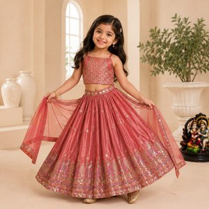 Ensemble Lehenga Choli avec broderies lourdes, robe traditionnelle longue pour mariage et fêtes d'hiver pour filles et enfants - Product Image 1