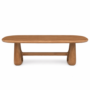 Table à manger ronde moderne en teck massif pour 8 personnes, plateau capsule, base en tréteau nordique, meubles de salle à manger faits à la main - Product Image 1