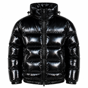 Chaqueta de plumón satinada brillante para hombre, personalizada, con cuello alto, cierre de cremallera, impermeable, de longitud regular, con capucha, para clima extremo - Product Image 1