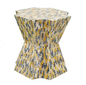 Mustard Yellow <b>Grey</b> White Faceted Hourglass Stools Mother of Pearl Handcrafted Mosaic <b>Small</b> <b>Side</b> <b>Table</b> Living Room Decor Use - Product Image 4