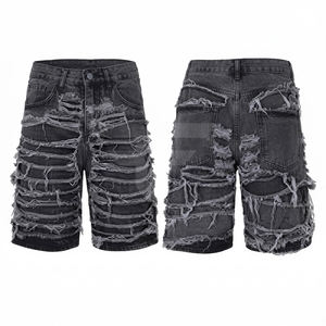 Shorts de mezclilla desgastados de tiro alto personalizados, estilo recto de algodón rasgado, casual, hip hop, para verano - Product Image 1