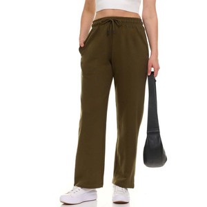 <b>Women's</b> High Waist Straight Leg Terry Pants Drawstring Closure Loose Fit Casual Full Length Color <b>Olive</b> <b>Green</b> Cotton <b>Trousers</b> - Product Image 1