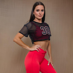 Camiseta Corta de Yoga y Fitness para Mujer, con Malla, Estilo Moderno, Apliques Bordados, Transpirable, Talla Grande - Product Image 1