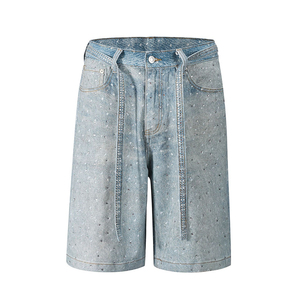 High Waisted Light Wash Denim <b>Shorts</b> With <b>Sequined</b> Decoration Breathable Casual Summer Style Straight Leg Cut - Product Image 1