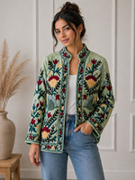 Blouson Bomber en Coton et Laine Brodé Suzani Kantha Bohème, Tricoté, Matelassé, Respirant, Écologique, Réversible, Automne, Nylon, Lettres