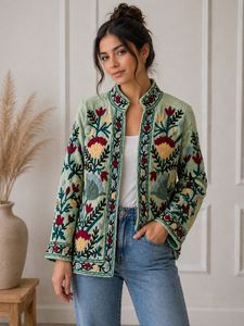 Suzani <b>Kantha</b> Boho Embroidered Quilted Breathable Eco-Friendly Reversible Cotton Wool Bomber <b>Jacket</b> Women - Product Image 5