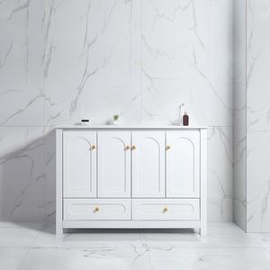 Mobile Bagno Bianco da 48 Pollici con 4 Ante a Chiusura Ammortizzata e 2 Cassetti, Ampio Spazio di Archiviazione, Combinazione con Lavabo in Ceramica - Product Image 1