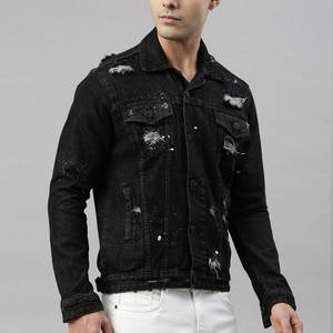Veste en jean noire personnalisée effet vieilli, effet éclaboussures de peinture et d'encre, poches à rabat sur la poitrine, fermetures à boutons, OEM USA, vente en gros, usine en vrac - Product Image 5