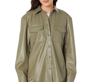 Camisa de Cuero Sintético para Mujer, Manga Larga, Cuello Camisero, Botones al Frente, Corte Holgado, Blusa Informal de Cuero Sintético Suave, Estilo Urbano - Product Image 1
