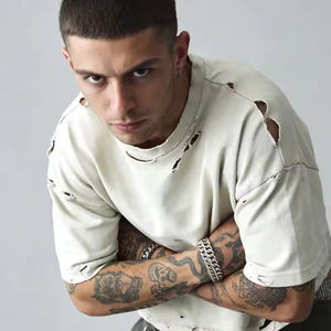 T-shirt vieilli en gros, ensembles de t-shirts d'été personnalisés pour hommes, col élastique, effet vieilli, 100 % coton, coupe oversize pour hommes - Product Image 4
