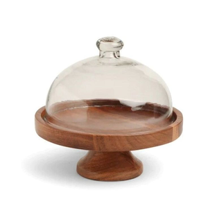 Support à gâteau rond moderne en bois d'acacia avec couvercle en dôme, plateau de service multifonctionnel pour la décoration de gâteaux (1 pièce) Inde - Product Image 4