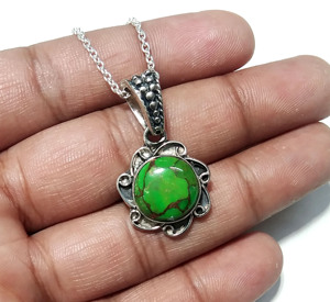 Natural Green Copper Turquoise Pendant 925 Sterling <b>Silver</b> Pendant <b>Necklace</b> Round Cut Stone Pendant <b>Silver</b> Statement Jewelry - Product Image 4