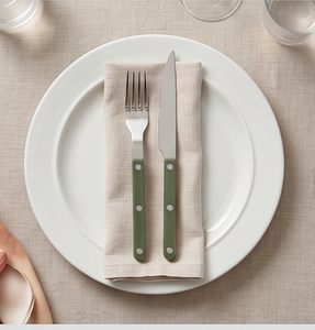 Ensemble de couverts minimalistes en acier inoxydable avec manche vert, 5 pièces, passe au lave-vaisselle, couverts de camping, cuillère, couteau, fourchette - Product Image 4