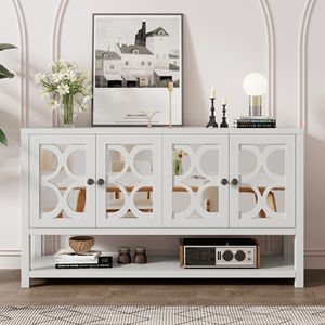 Elegante Consolle Retrò con Ripiani Spaziosi e Gambe in Legno di Acacia Resistente per Soggiorno, Mobile Contenitore o Credenza con Ante a Specchio - Product Image 2