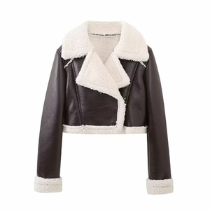 Women's Faux <b>Leather</b> Shearling Moto <b>Jacket</b> With Fur Trim Zipper Closure Short Winter Coat Full Sleeve Windproof Style - Product Image 3