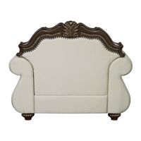 Fauteuil de salon en tissu beige et finition cerisier avec coussin