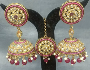 ต่างหูแบบคลาสสิก Twini Polki Mehandi Jhumki ประดับทับทิม Tica SKU 2164 A2 สำหรับงานแต่งงานของผู้หญิง ทำจากทองเหลือง - Product Image 1