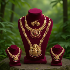 South Indian Temple Style Semi Bridal Fine Jewelry Set with Gold Plated Zircon and Ruby - Product Image 3