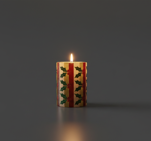 Bougie pilier en paraffine dorée de Noël avec motifs classiques de feuilles de houx et de baies rouges (3x3 pouces) pour commande en gros - Product Image 3