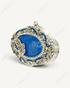 Natural Lapis Lazuli Gemstone <b>Clutch</b> | Handcrafted Silver Filigree Oval Minaudiere | Luxury Bridal <b>Wedding</b> Evening Bag for Women - Product Image 2