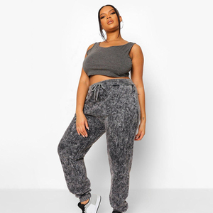 Hot Selling <b>Women</b> Mid Waist Acid Wash <b>Winter</b> Elastic Waist Flat Front Jogger Pant Terry Cotton <b>Trousers</b> with Side Pockets - Product Image 3