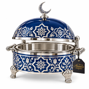 Luxury <b>Royal</b> Blue Round Stainless Steel Chafing Dish with Silver Arabic Design Crescent Lid 24cm Diameter Durable Eco-Friendly - Product Image 1