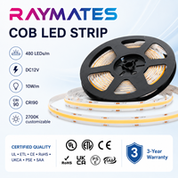 Bande lumineuse LED COB blanc chaud 3000K 24V 480 LED/m, flexible et dimmable, 10W/m, CRI élevé pour l'éclairage des armoires de cuisine