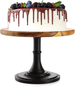 Support à gâteau en bois d'acacia avec base en métal noir rustique, présentoir à gâteau de mariage, plateau de service en bois pour desserts pour fête de mariage - Product Image 1
