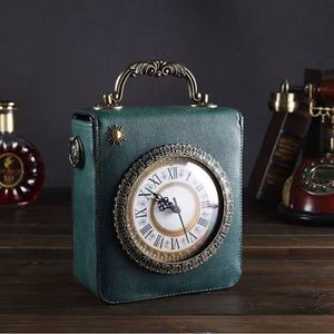 <b>Vintage</b> Genuine Leather <b>Clock</b> Handbag With Roman Numerals And Ornate Frame Single Handle Design - Product Image 1