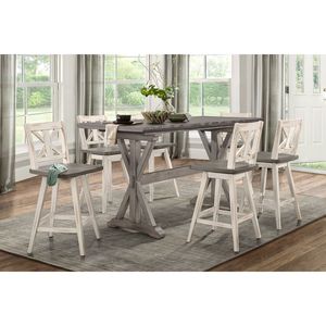 Set di 2 Sedie da Bancone Bianche e Grigie, Girevoli a 360 Gradi, in Legno di Gomma Massiccio, Sgabelli da Bar con Schienale a X per Cucina e Sala da Pranzo - Product Image 5