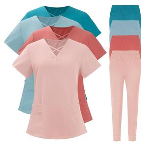 Ensemble de blouses médicales pour femmes, haut à col en V à manches courtes et pantalon de jogging, noir, en polyester tricoté, uniformes d'hôpital pour infirmières, cliniques, spas, vêtements de travail - Product Image 2