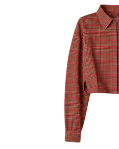 Chemisier court personnalisé à carreaux rouges pour femme, col rabattu, manches longues, boutonné, style décontracté, fabrication sur mesure - Product Image 4