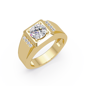 Bague de luxe pour homme en or jaune 14 carats avec diamant de laboratoire taille ronde, signet carré, large et épais, bijoux fins pour homme, vente en gros - Product Image 2