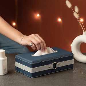 Modern Leatherite <b>Tissue</b> <b>Box</b> Cover, Rectangle <b>Tissue</b> <b>Box</b> <b>Holder</b> Leather <b>Tissue</b> <b>Box</b> With Metal Buckle Blue & White - Product Image 4