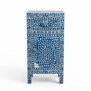 Mesita de Noche de Madera con Incrustaciones de Hueso Azul Claro, 2 Cajones y Estante Abierto, Diseño Chevron de Lujo, Venta al por Mayor Personalizada para el Hogar - Product Image 5