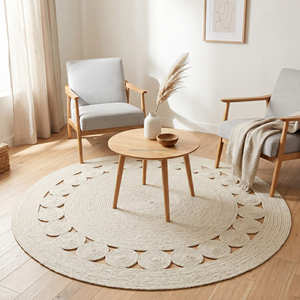 Natural <b>Round</b> Braided Jute Rug with Terracotta Accent Rings for Farmhouse Interior Styling - Product Image 5