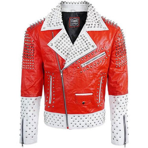 Chaqueta de Cuero Estilo Punk Rock Roja y Blanca para Hombre, con Tachuelas Plateadas, Estilo Gótico, Biker, Steampunk, para Conciertos - Product Image 2