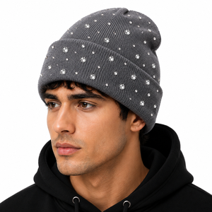Custom Rhinestone Beanie Hat for <b>Men</b> Women | Sparkle Crystal Cuffed Knit Winter <b>Cap</b> | OEM Wholesale - Product Image 3