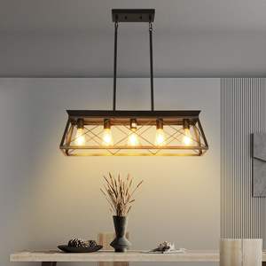 32-Inch Modern Iron Cage Design Black Industrial 5-<b>Light</b> Pendant Chandelier Adjustable Hanging <b>Light</b> <b>Dining</b> Living Room - Product Image 3