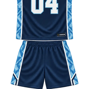 Ensemble d'uniformes de basketball personnalisés pour hommes, bleu marine et blanc, maillot sans manches à col en V, shorts, panneaux géométriques, numéros d'équipe, kits en gros - Product Image 5