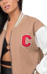 <b>Women</b> PU <b>Leather</b> Varsity <b>Jacket</b> Cropped Letterman <b>Bomber</b> With Stripe Trim Snap Front Soft Lining Casual Fashion Outerwear - Product Image 2
