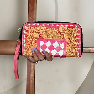 Nouveau Portefeuille Mini pour Femme en Cuir Véritable Gravé à la Main avec Fermeture Éclair, Motif Fleurie à Carreaux, Luxe, Super Septembre - Product Image 2