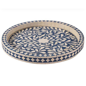 Bandeja Redonda Decorativa con Incrustaciones de Hueso y Diseño Floral Rojo |   Adorno Decorativo Artesanal de Primera Calidad para el Hogar - Product Image 4